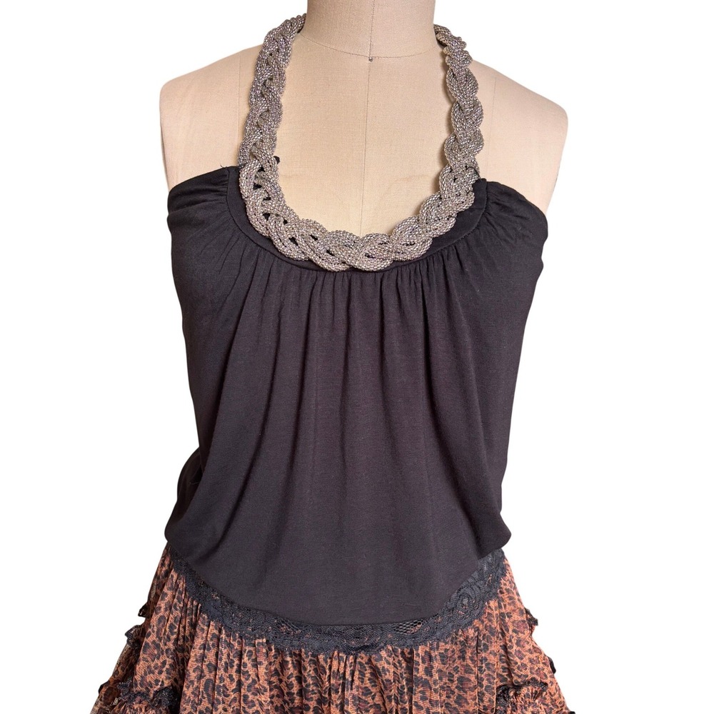 Y2K Marianne Halter Top Womens Large Black Braided Metallic Neckline Made in USA
